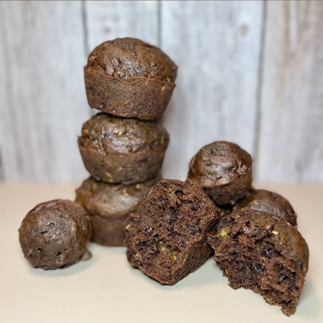 Stack of double chocolate zucchini muffins